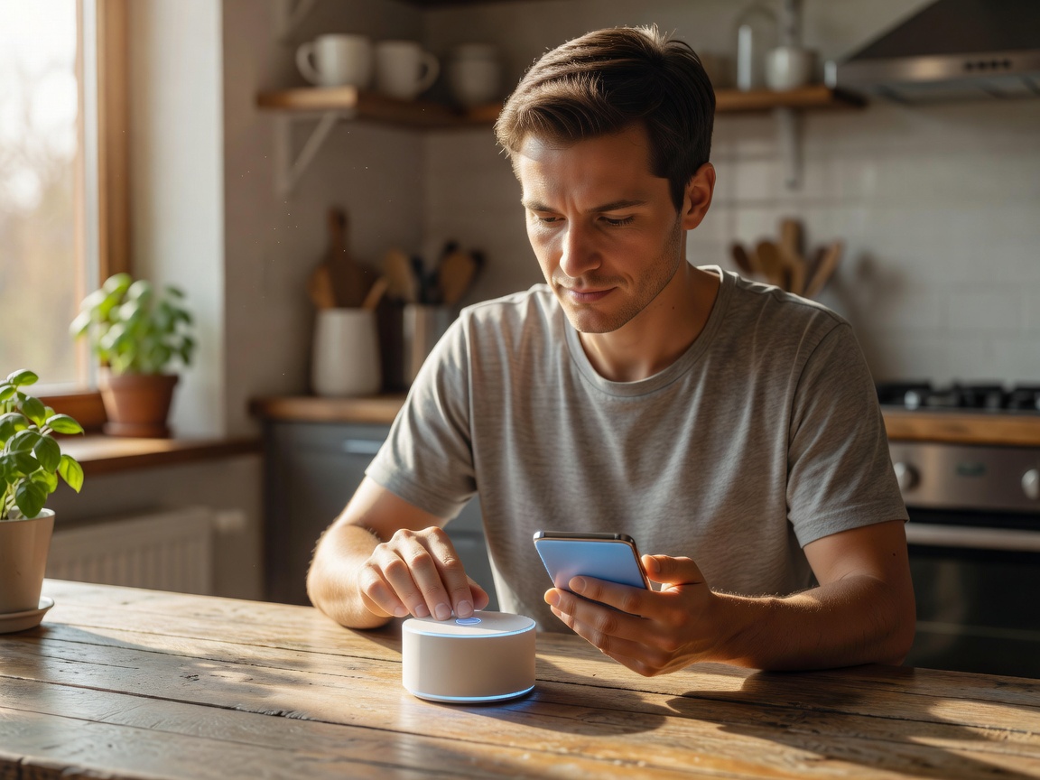 Resident pairing a compact home hub with a phone at a sunlit kitchen table