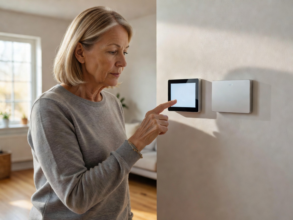 Resident reviewing a household energy display beside a thermostat in natural daylight