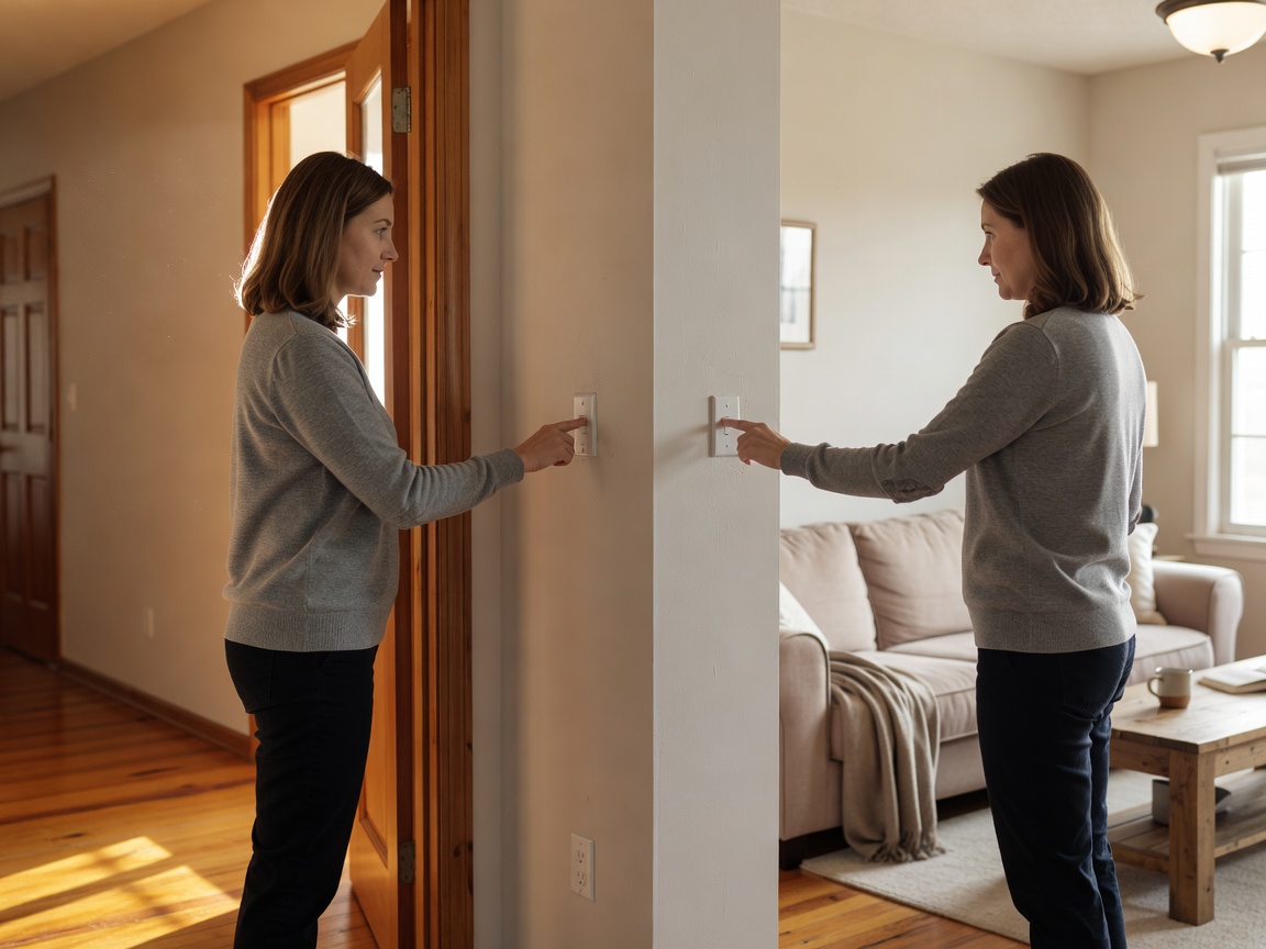 Resident using a wall light switch beside a sunlit living room doorway